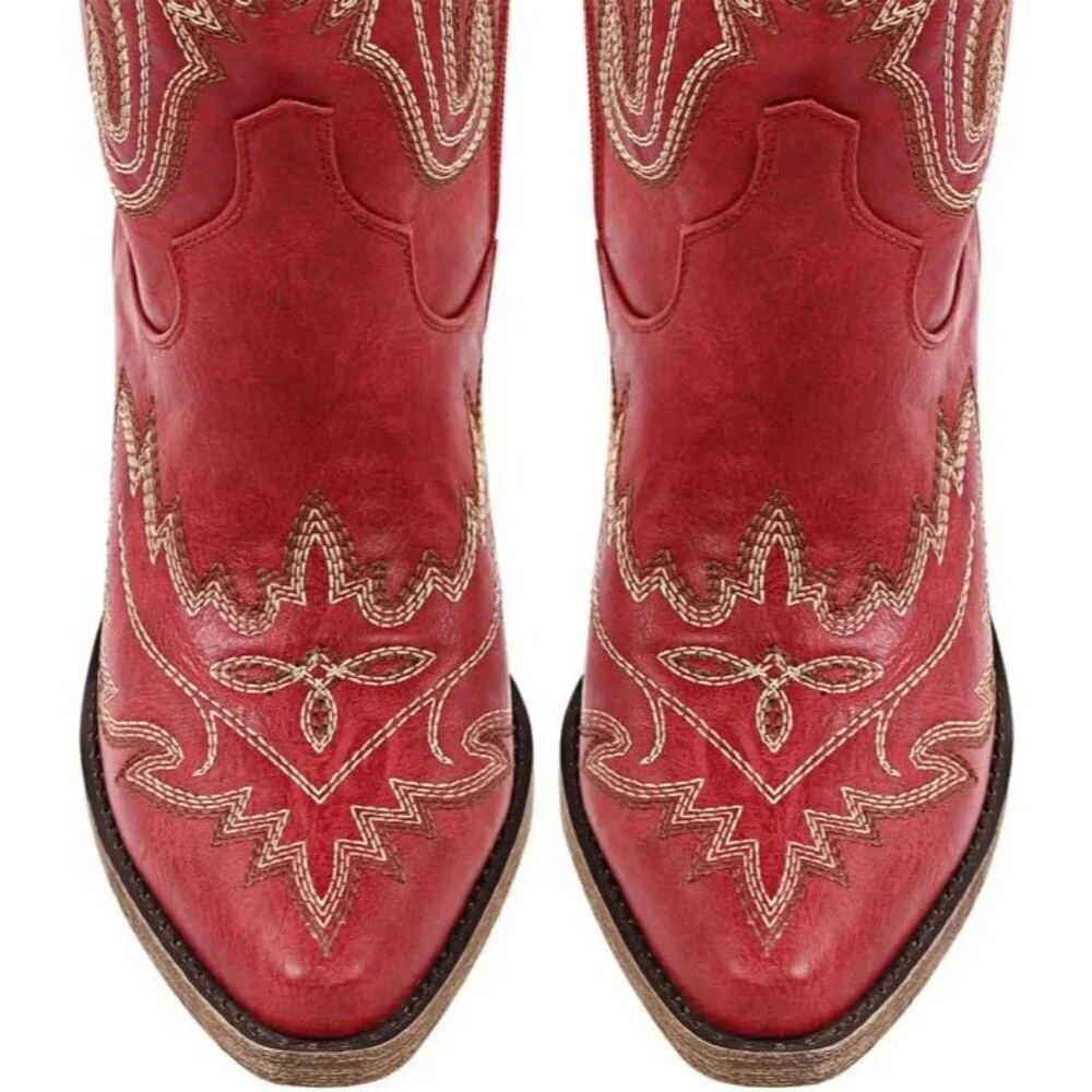 Women Red Synthetic Cowgirl Thigh High Wide Calf Embroidered Western Boots